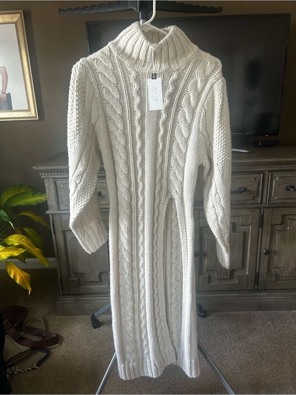 Cable Knit Turtleneck Sweater Duster in Ivory